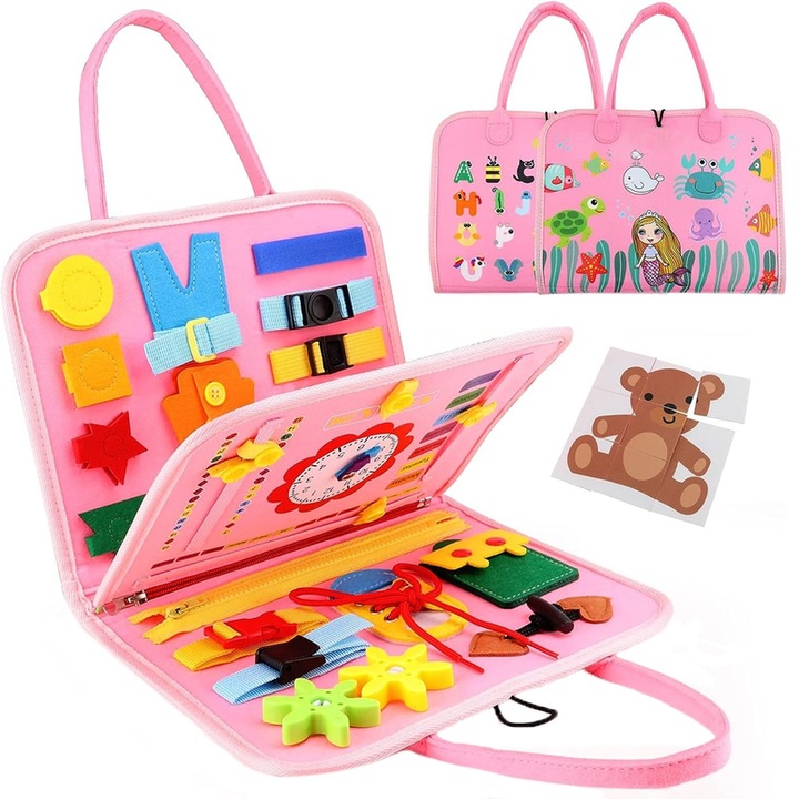 Montessori tevékenységtábla, oktatójáték, 8 oldalas, puha anyagú, hordozható