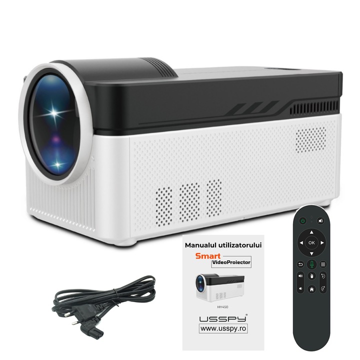 8K hordozható videoprojektor, USSPY® HY450, 700ANSI, Android, Dual Wi-Fi 6 2.4G, BT 5.4, felbontás 1920*1080p HD, HDMI, USB és Android/IOS tükrözés, fekete/fehér