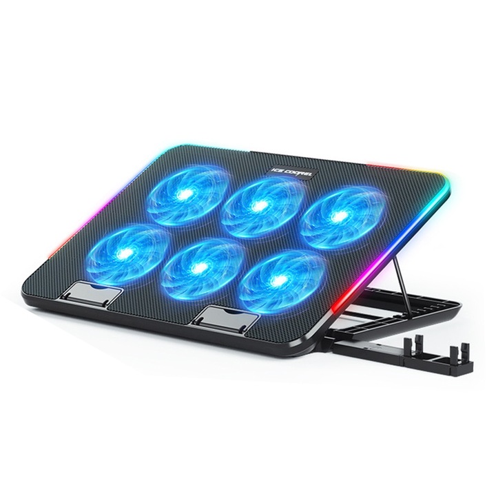 Cooler laptop,6 Ventilatoare, Inaltime reglabila, Cu 7 tipuri de lumini RGB，Cu suport pentru telefon mobil，Potrivit sub 16 inchi, Negru