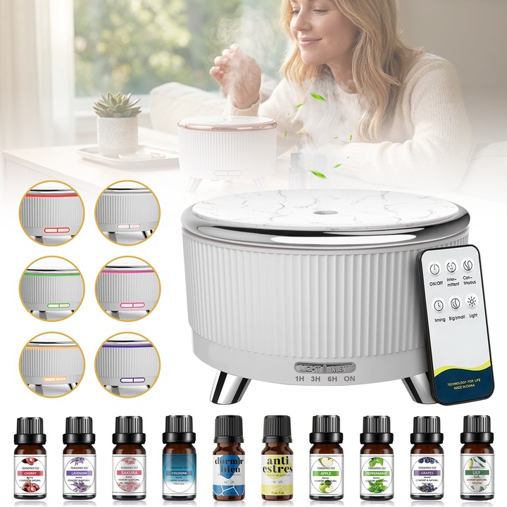 Difuzor de Aroma AYCYKD, Difuzor de Uleiuri Esentiale 500ml, 7 Culori Umidificator de Aer, Difuzor Aromaterapie Control de la Distanta, Design Elegant cu Textura de Marmura, Moduri de Ceata intermitenta, Gri Argintiu,10 Uleiuri Esential