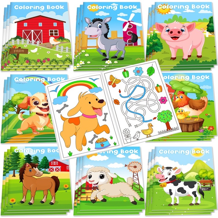 Set 24 mini carti de colorat cu animale de ferma, Mczan, 12 imagini, 5,12"x7,12"