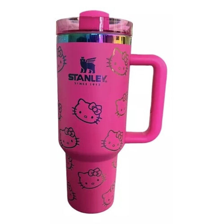 Термос Stanley, неръждаема стомана 304, 40oz, специален капак със сламка, червен с шарка, комплект сламки за многократна употреба