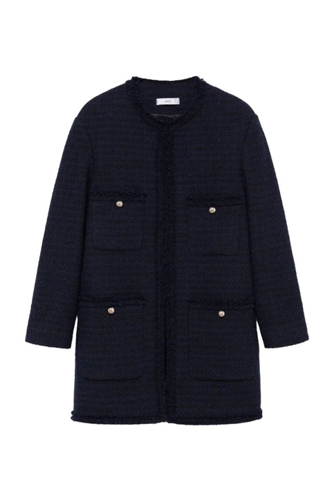 Palton dama Mango, bleumarin, bumbac/elastan/lana, 4 buzunare, maneca 3/4, S INTL