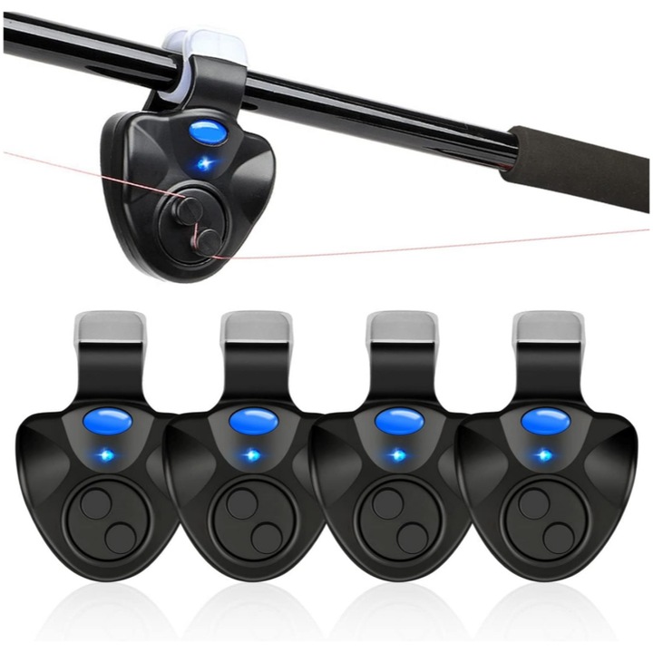 Set 4 Alarme pentru muscaturi de pescuit, AjieQaQ, Senzori pescuit cu Alarma sonora, Sistem Dual LED & Sonerie cu Detectie Sensibila, Rezistente la Apa IP67, Usor de folosit, portabile, Negru