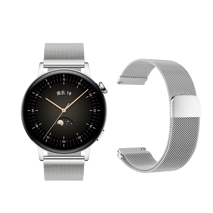 Каишка за часовник, Магнитна каишка за Huawei Watch GT 2 42 мм / GT 3 42 мм / Елегантен / Samsung Galaxy Watch 4 40/42/44/46 / Galaxy Watch 5 40/44/45 мм / Amazfit GTS, Bolongking, Неръждаема стомана, 20 мм, Сребрист