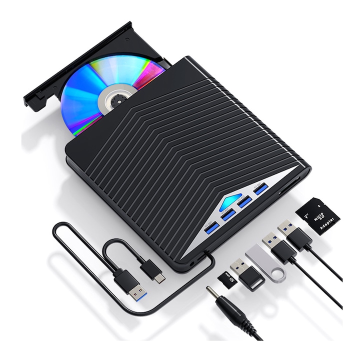 Тънко преносимо външно DVD записващо устройство, USB3.0, CD, DVD +/-, RW, мултифункционално, 3x USB-A 2.0, 1x USB-C 3.0, четене на TF\SD карти, вграден режим на RGB осветление
