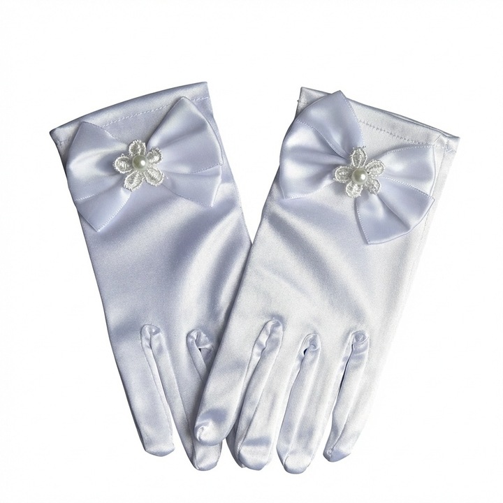 Manusi Elegante pentru Fetite – Satin cu Perle si Fundite, Accesoriu de Ocazie pentru Ceremonii si Evenimente Speciale