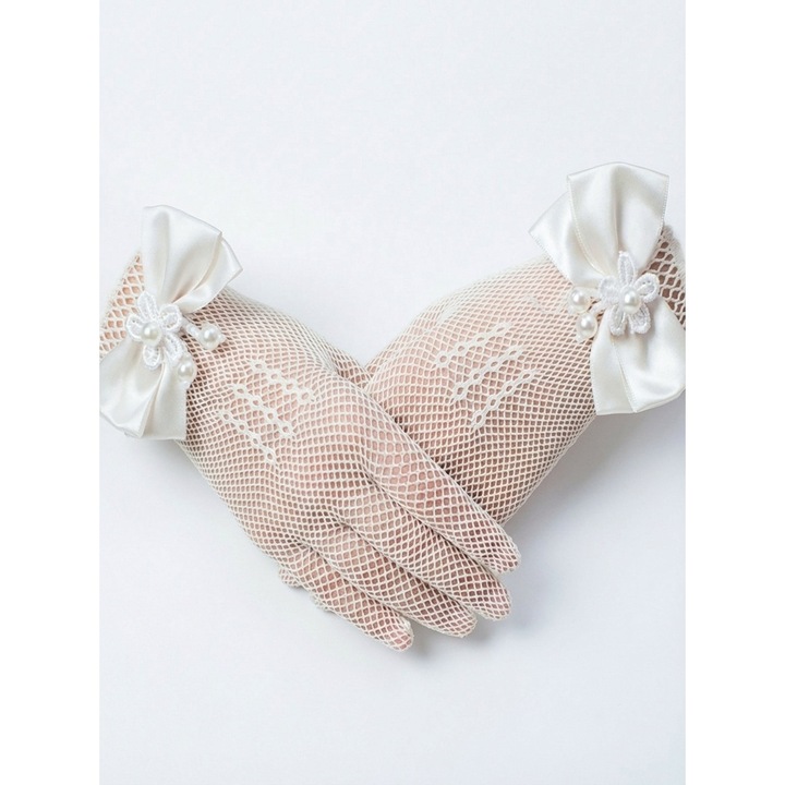 Manusi Elegante din Plasa cu Fundite din Satin si Perle – Accesoriu Rafinat pentru Ocazii Speciale