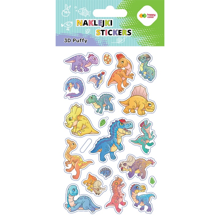 Комплект декоративни стикери HAPPY COLOR, Dino Happy, 3D Puffy, многоцветни, 10x20см