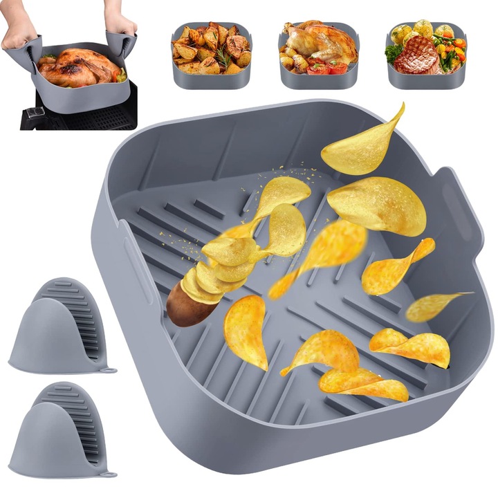 Tepsi forró levegős sütőhöz, Bizaical, szilikon, 2 kézvédővel, 21 x 21 x 7 cm, szürke