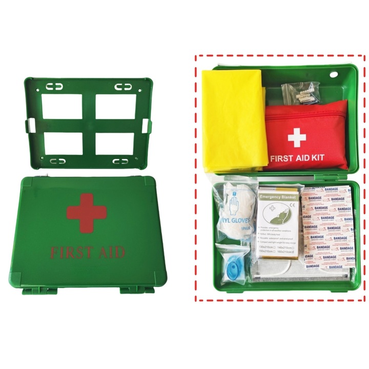 Аптечка за първа помощ, може да се монтира на стена, 111 части, 25x18x8 см, зелена