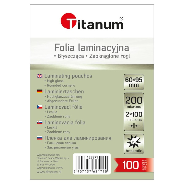 100db titán lamináló fólia készlet, 60x95mm, 100μm, lekerekített sarkok, antisztatikus