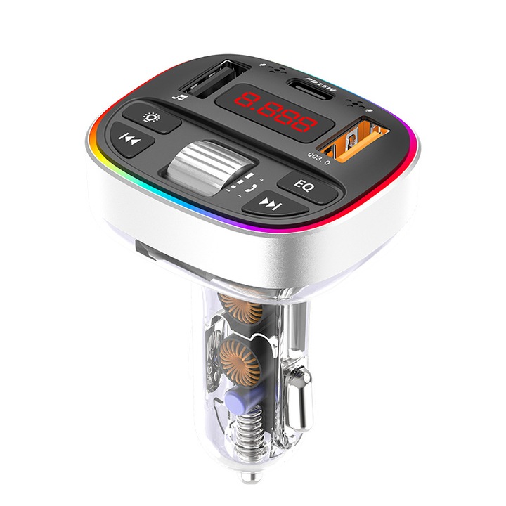 FM modulátor, bluetooth, Gyors autós töltés funkció, gyors autós töltő 2 USB-vel és 1 PD 25W-os, QC3.0, színes LED világítás, MP3 lejátszás, audio adó, kihangosító, Fekete