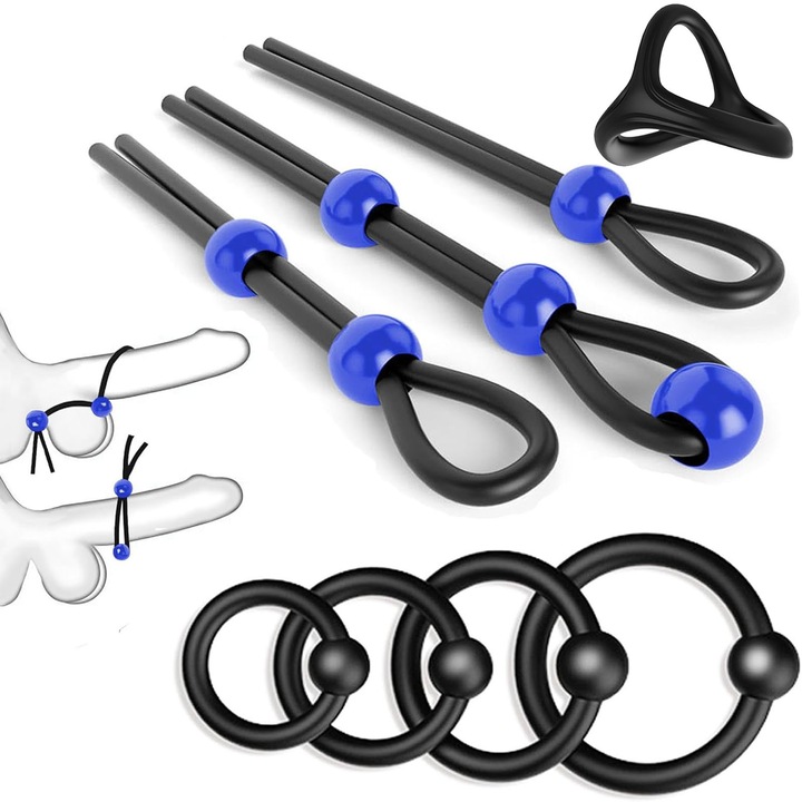 Set de 8 Inele pentru penis, Hggzeg, Inele reglabile penis, Inel Penis jucarii sexuale, Cu 8 dimensiuni diferite, pentru mentinerea erectiei si intarzierea ejacularii, Din silicon, Negru/albastru
