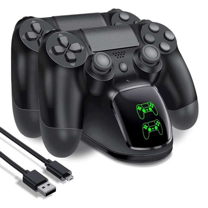 PS4 kontroller töltőállomás, kompatibilis PS4/PS4 Slim/PS4 Pro, LED kijelző, túláram, túlfeszültség és rövidzárlat védelem, OUYLAF, fekete
