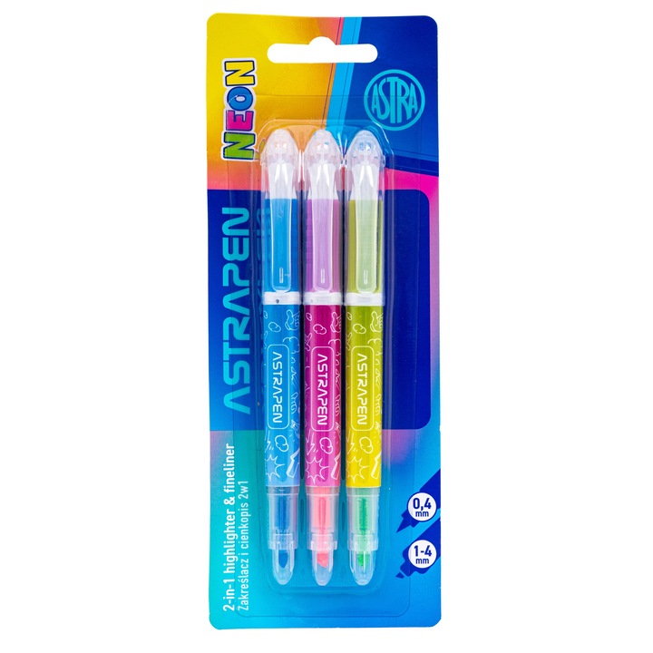 Маркер 2в1, Astra, textmarker, син, розов, зелен, комплект 3 бр