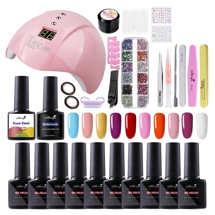 Körömdíszítő szett, 29 darab, LXNZUHN, UV lámpa, 10 szín, műköröm kiegészítők