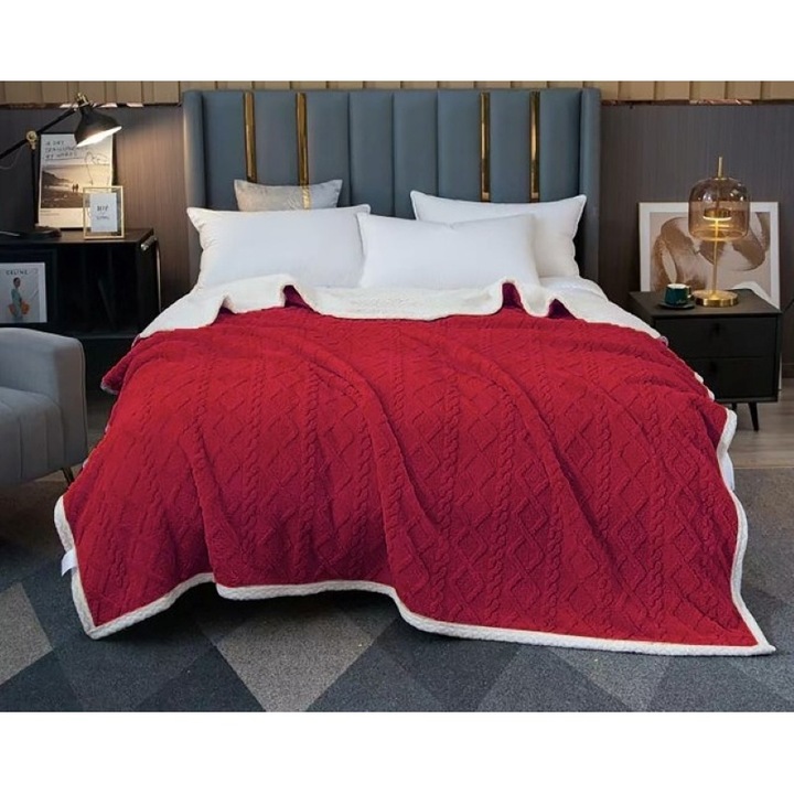 Patura cu blanita pentru pat dublu, model tip Tricot, Uni, 200X230cm, Bordo