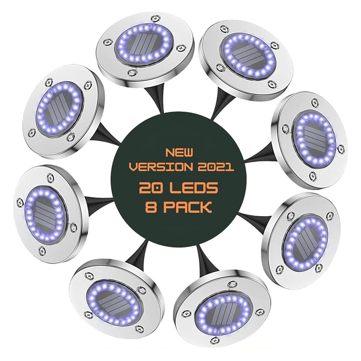 Set 8 lampi solare cu 20 led-uri, 600 mAh, Negru/Gri