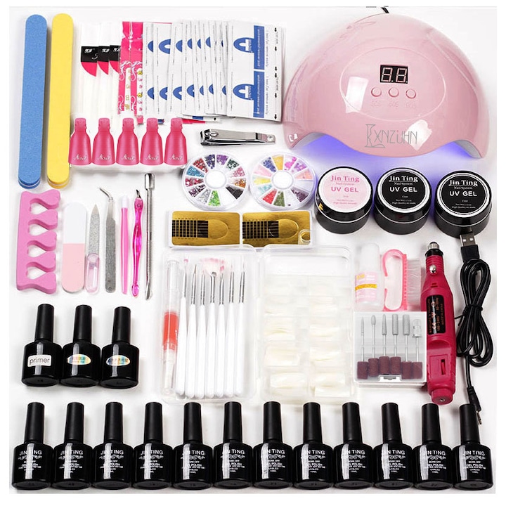 Kit Nail Art, LXNZUHN, Lampa UV, Lac de unghii cu gel, 12 bucati, Strat de baza lucios si mat, Decor pentru unghii, 25,5×22,5×10,5, Accesorii incluse, Multicolor