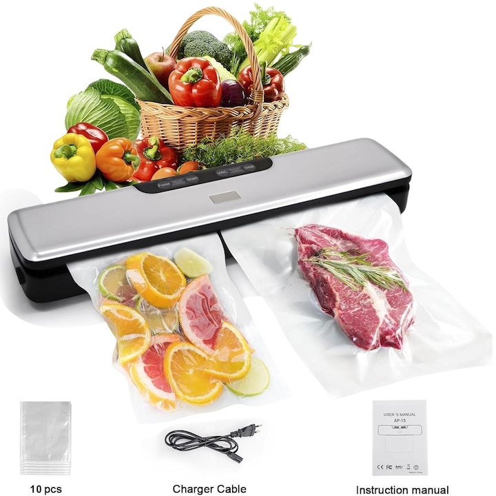 Вакуумно запечатване на храна, MOSMAOO®, мокър/сух вакуум, многофункционален бутон, 125 W, 70 kpa, автоматичен вакуум, LED индикатор, 5 mm нагревателен проводник, запечатваща се торбичка с ширина 30 cm, преносим, пакет от 10 торбички 20x25 cm, сив