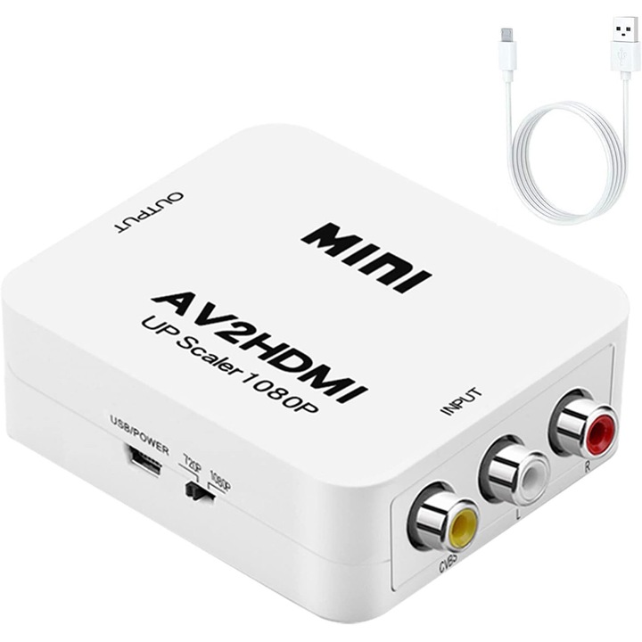 Convertor AV la HDMI, RCA la HDMI, Mini Adaptor Video si Audio 1080P, Compatibil cu PAL/NTSC, Intrare Stereo CVBS Compozit pentru TV, PC, PS3, Xbox, VCR, DVD Playere, Alb