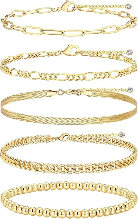 Bratari de glezna pentru femei, placate cu aur de 14k, impermeabile, cu lant cubanez Figaro stratificat, set de bratari de glezna din aur, bijuterii cadou, marime reglabila, 5 buc
