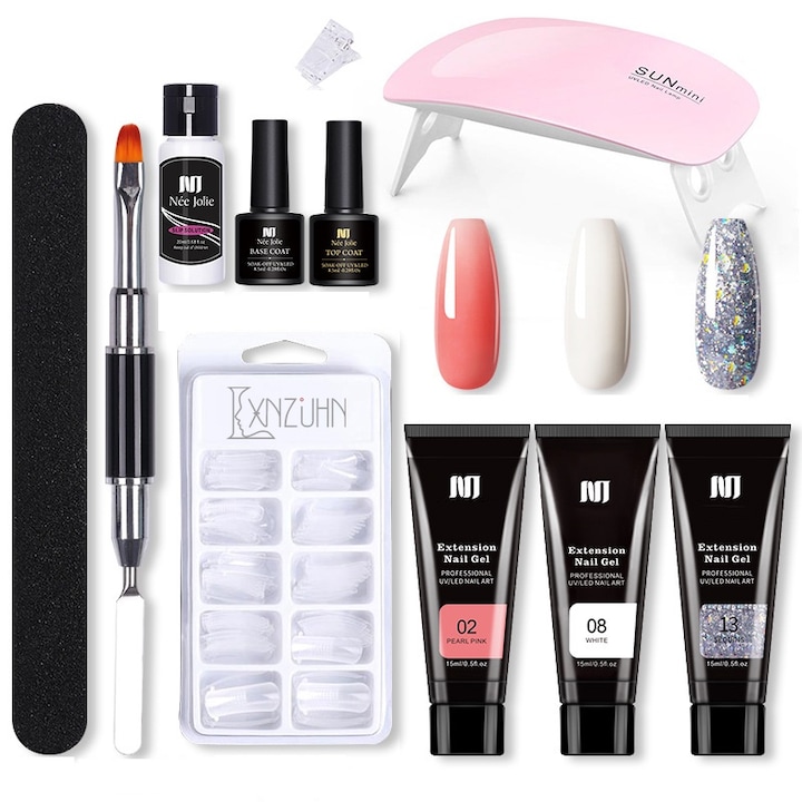 Gél manikűr szett, LXNZUHN, 11 db, UV lámpa, 100 műköröm, rózsaszín, ezüst csillogás, 15 ml, 3 szín