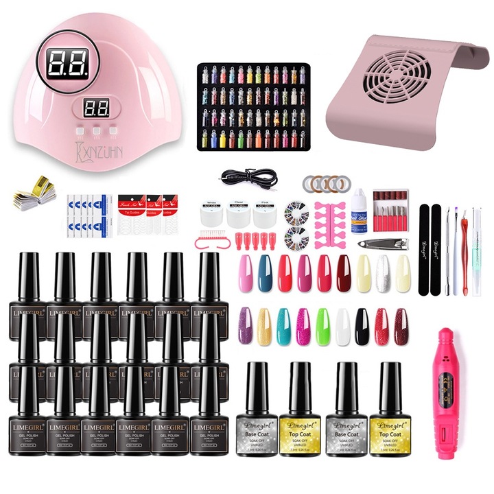 Комплект за ноктопластика, LXNZUHN, 18 броя гел лак за нокти, UV лампа, гланцово и матово основно покритие за декорация на нокти, препарат за почистване на нокти, включени аксесоари, многоцветен