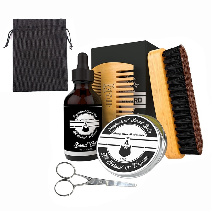 Set de ingrijire a barbii pentru barbati, LXNZUHN, 6 piese, ulei, balsam, foarfece, pieptene, perie patrata, 30 ml, galben, 16x9x6 cm