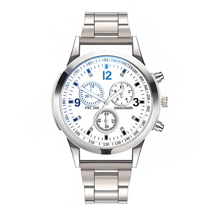 Ceas barbatesc, design clasic, Inox, analogic, multifunctional, argintiu, 40x8 mm