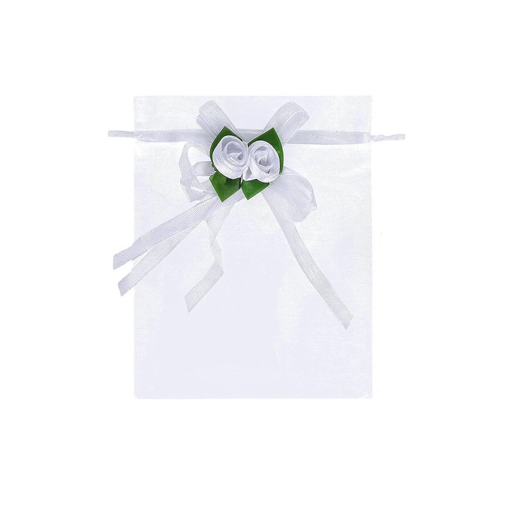Чанта от органза с цветя, Momcbebe, комплект от 10 части, 10x15см, за партита, сватби, Коледа, Свети Валентин, бял