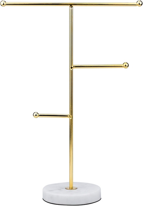 Stand bijuterii, metal placat auriu, cu 3 niveluri T-bar pentru coliere, bratari, cercei, inele si ceasuri, baza din marmura, auriu/alb, 24.5 cm