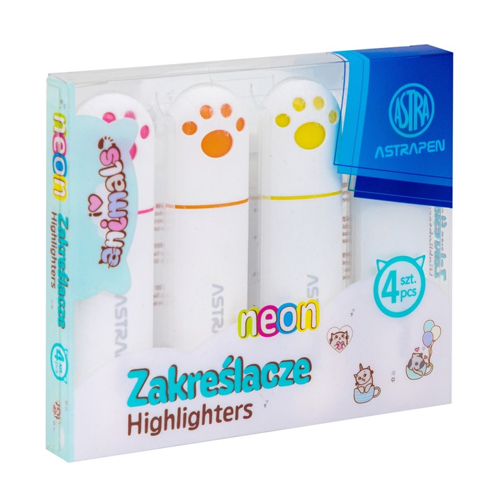Комплект от 4 неонови маркера, Astra, временни, розов, оранжев, жълт, зелен
