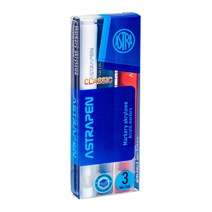 Комплект маркери Astra, Триъгълна форма, Фин връх, Акрил, Бял/Гранат/Червен