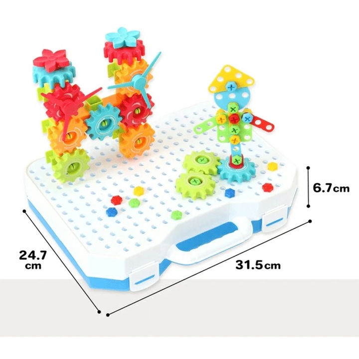 Set de Constructie Puzzle pe Orizontala si Verticala STEM, cu Roti Dintate, Suruburi si Elemente Interconectate, 230 Piese, Bormasina Electrica, + 3 Ani, Utility One
