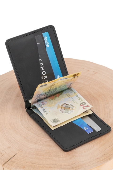 Portofel pentru carte de identitate, din piele naturala, cusut manual, cu agrafa bancnote, design minimalist, Negru, 13 x 9 cm