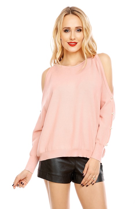 Pulover elegant cu design modern si detalii stilate, Roz, One Size