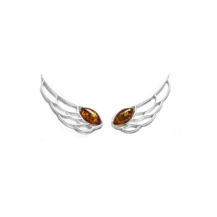 Cercei din argint cu chihlimbar de culoare cognac, model angel, prindere surub, lungime 2 cm