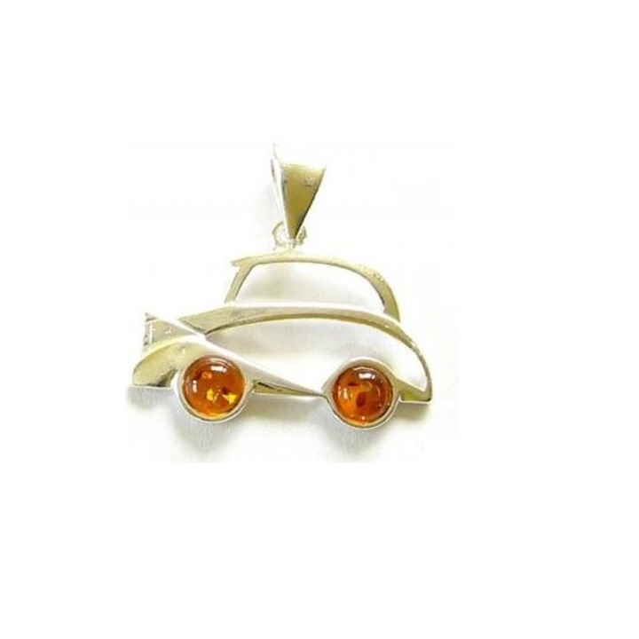 Pandantiv din argint cu chihlimbar de culoare cognac, model masinuta, lungime 2 cm