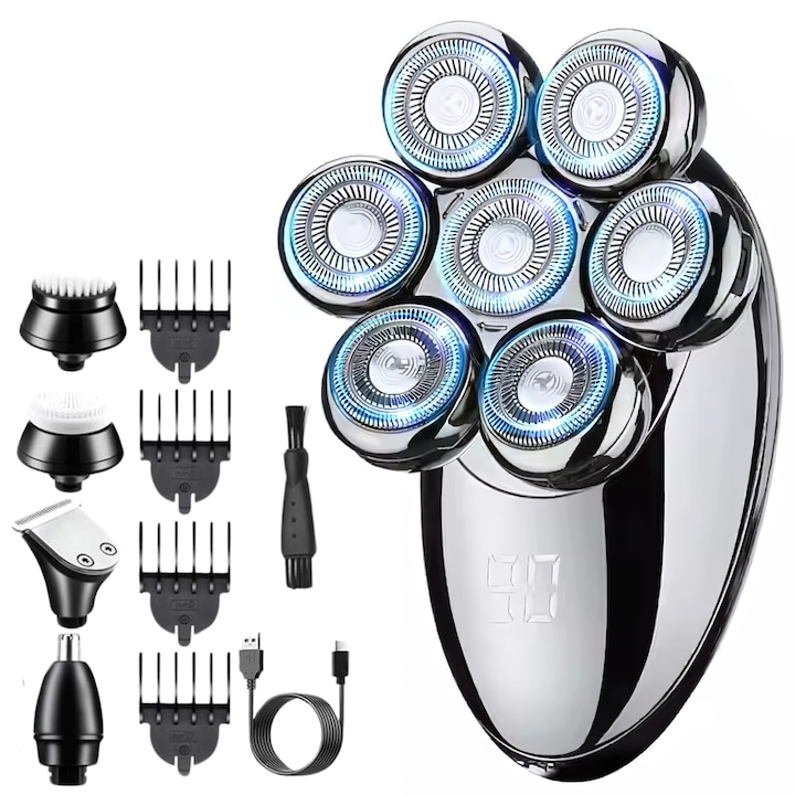 Aparat de Ras 7D pentru Barbati 5 in 1 KLEVERO® - Masina de Ras Electrica pentru Cap, Ras Uscat si Umed, Reincarcabil USB, Capete Rotative pentru Cap si Barbie, Argintiu