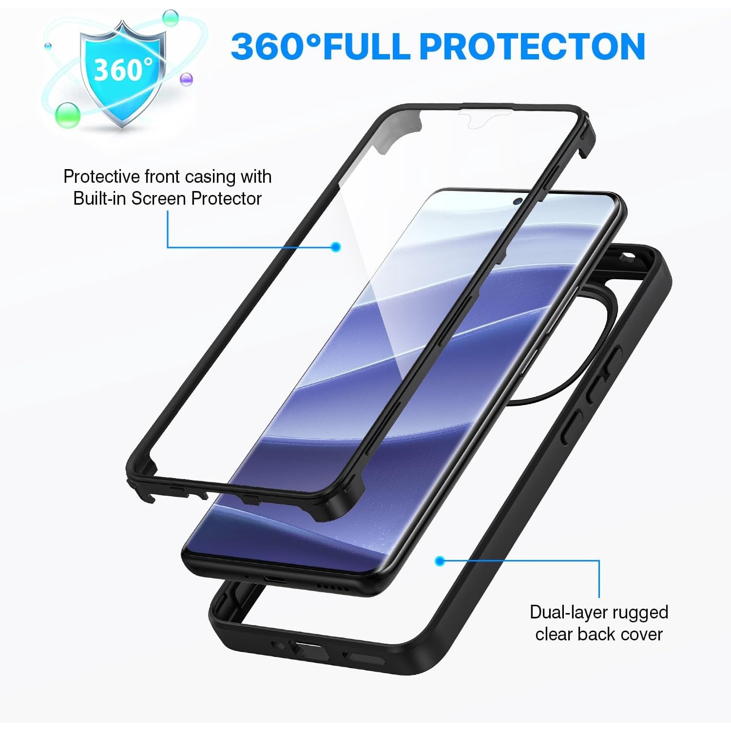 Pachet 360: Husa cu folie integrata pentru Xiaomi Redmi Note 14 Pro 5G Note 14 Pro+ Plus Cover360 fata / spate - Negru