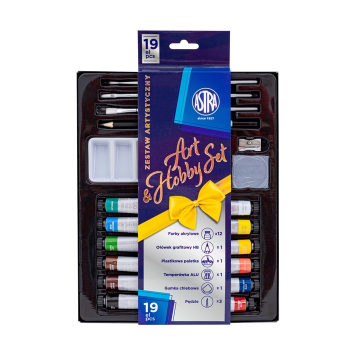 Art&Hobby комплект за рисуване 19 елемента, Астра, 12 акрилни бои, 3 четки, 6г.