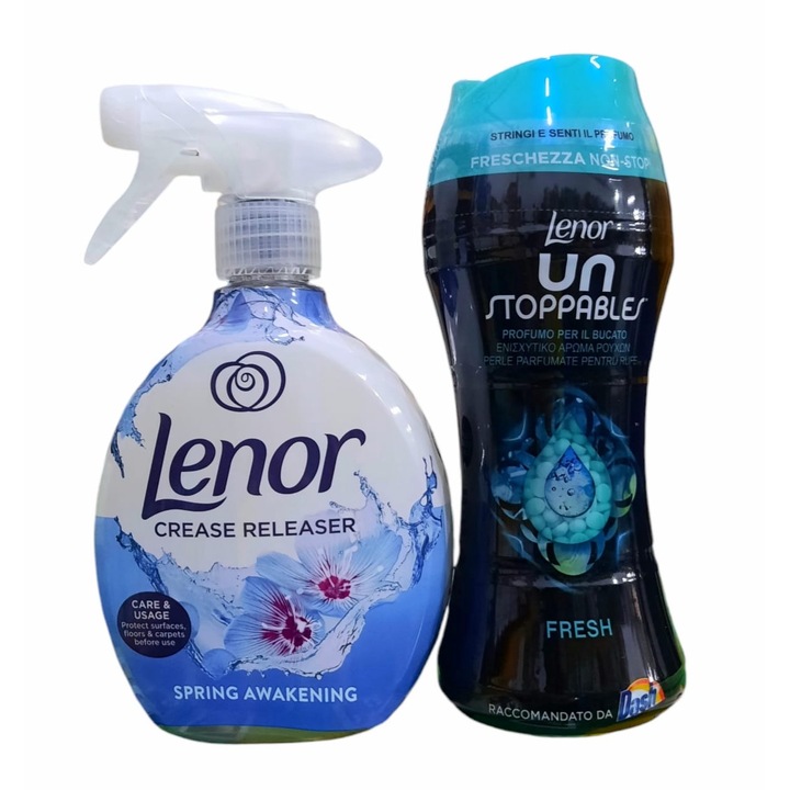 Lenor textil illatosító csomag: Lenor textilfrissítő spray, Spring Awakening, 500ml + Lenor illatgyöngyök, Unstoppables, 210g