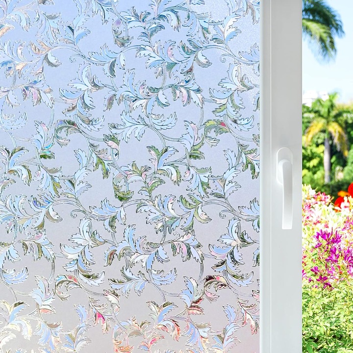 Folie Decorativa Privacy Pentru Geamuri - Home&Office, Protectie UV, Model - Frunze Vita de Vie, Dimensiuni 200x60 cm, Luxer