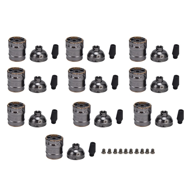 Set 10 socluri retro, Bizaical, aluminiu, argintiu/negru, 7.5x3x3cm, E26/E27