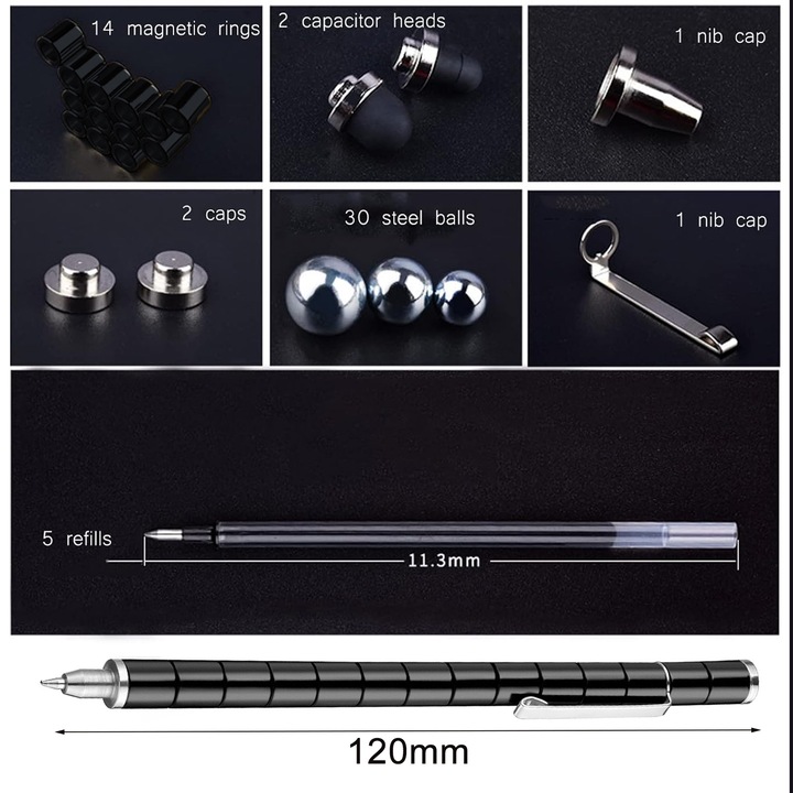 Pix Multifunctional Cu Magnet, SINBINTA, Set Pix Modular Magnetic, Cu 30 bile magnetice, 14 inele magnetice, 2 stylus-uri si 5 mine, Schimba forma, Scriere neteda si uscare rapida, Design ergonomic, Metal, 18x9x2cm, Negru