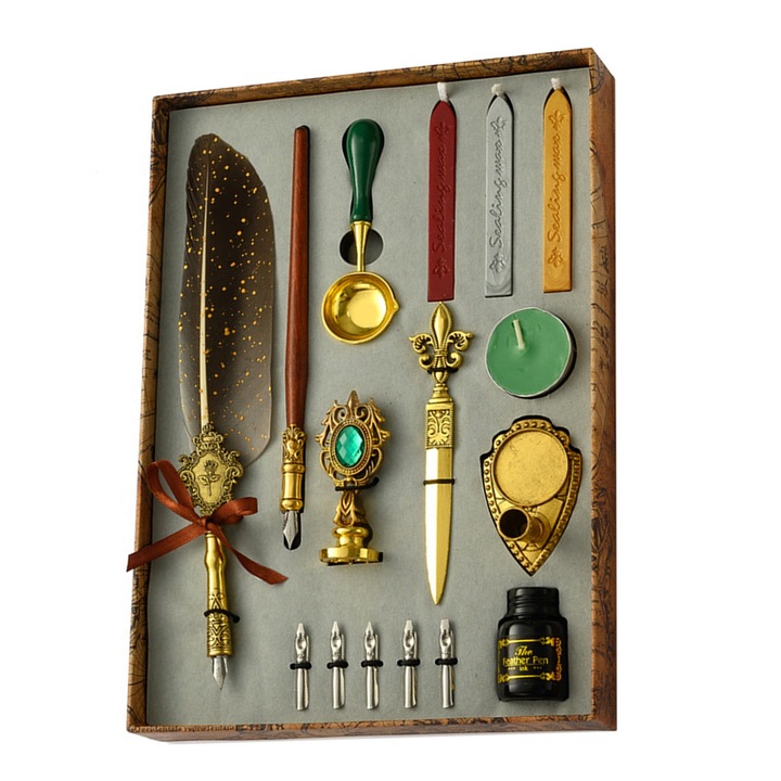 Set Stilou Vintage cu Pana, SINBINTA, Cu 5 penite si suport, 1 pana, lingurita, cutit, 4 ceara pentru sigiliu, 1 stilou din lemn, foca, cerneala, Varf 0.5 mm, Uniforma a cernelii, Grip ergonomic, Portabil, Inox, 28.5x20.5x4cm, Gri