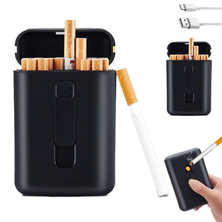 Cutie Tigari cu Functie Bricheta, SINBINTA, Bricheta electrica, Capacitate 20 tigarete, Aprindere la buton, 220 mAh, Rezistenta la vant, Incarcare cu USB, Usor de transportat si utilizat, Design ergonomic, Metal, 110x73x29mm, Negru