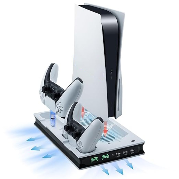 Többfunkciós függőleges állvány PS5, kettős töltőállomással 2 kontrollerhez, 3,5 órás gyorstöltés, 2 hűtő, kompatibilis a PS5 Digital Edition és PS5 Disc Edition rendszerrel, fehér